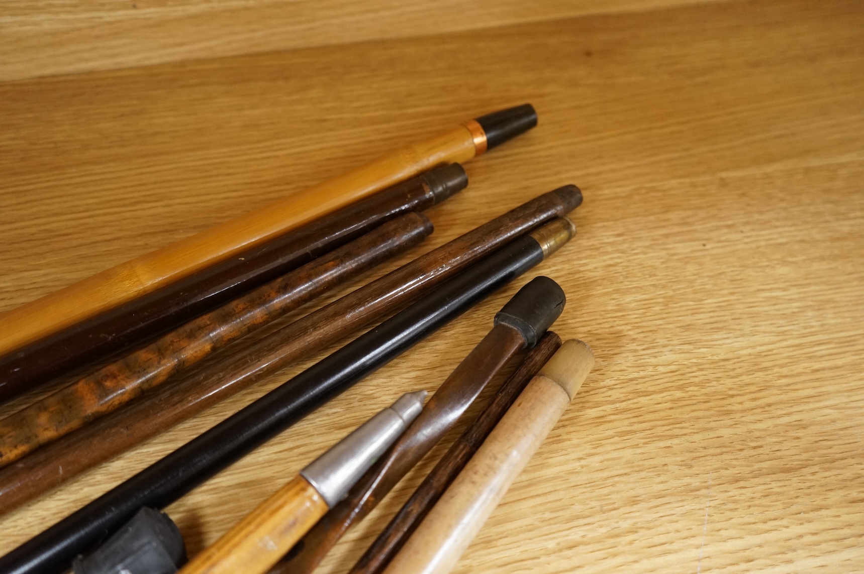 A collection of various walking sticks, one silver mounted